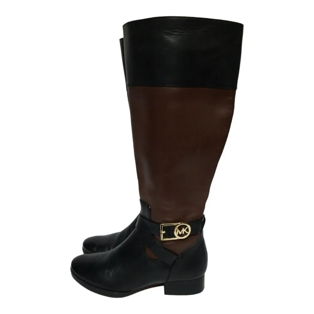 MICHAEL KORS Tall Fulton Black Brown Leather Harness Knee High Boots Women 5.5 M